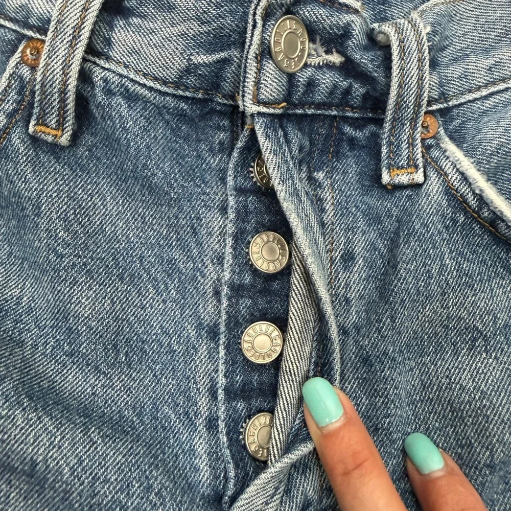AGOLDE Parker Long High Rise Denim Shorts 26 Blue Frayed Hem